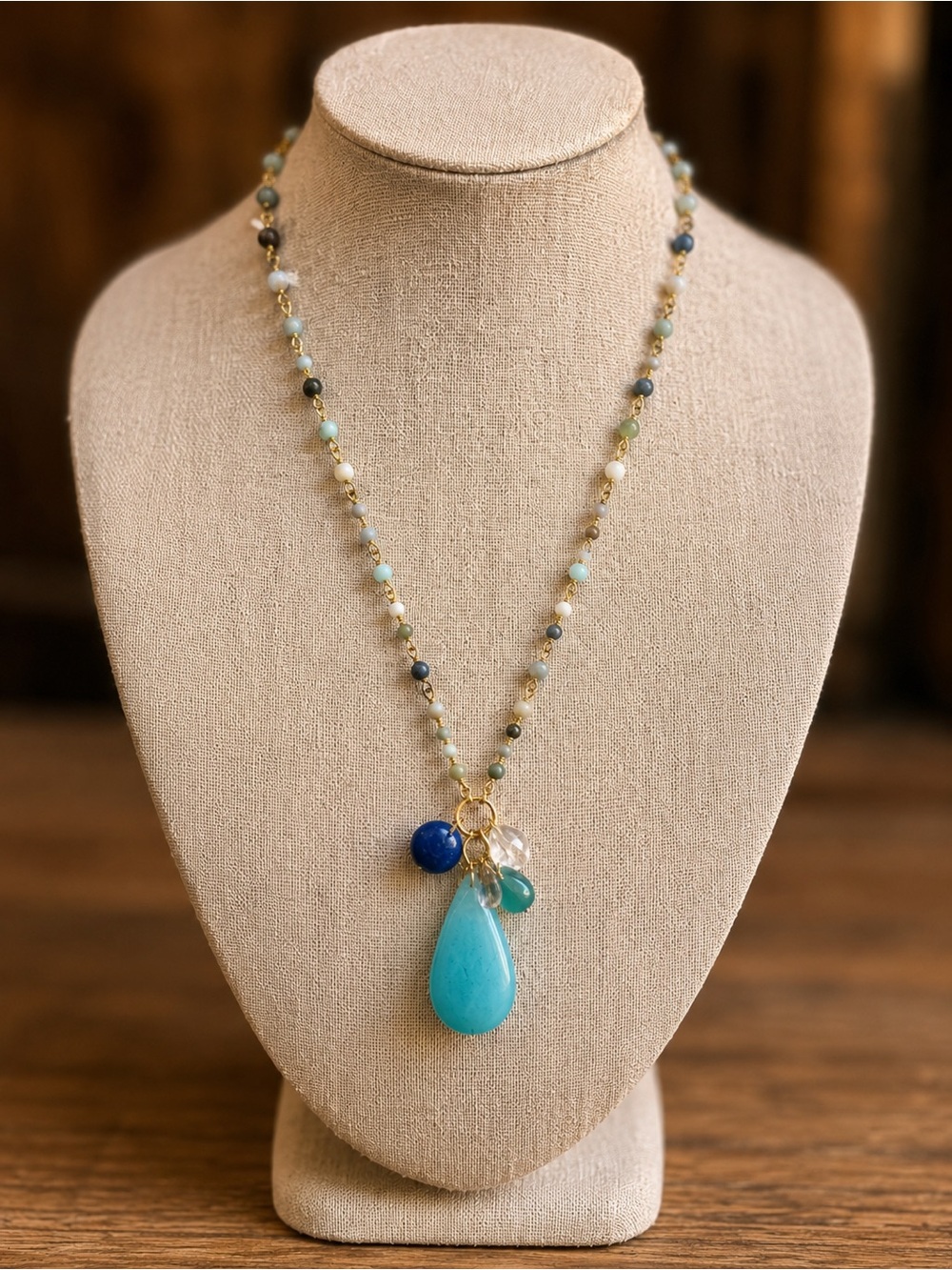 Amazonite Gold Beaded Pendant Necklace | Artisan Gemstone Jewelry